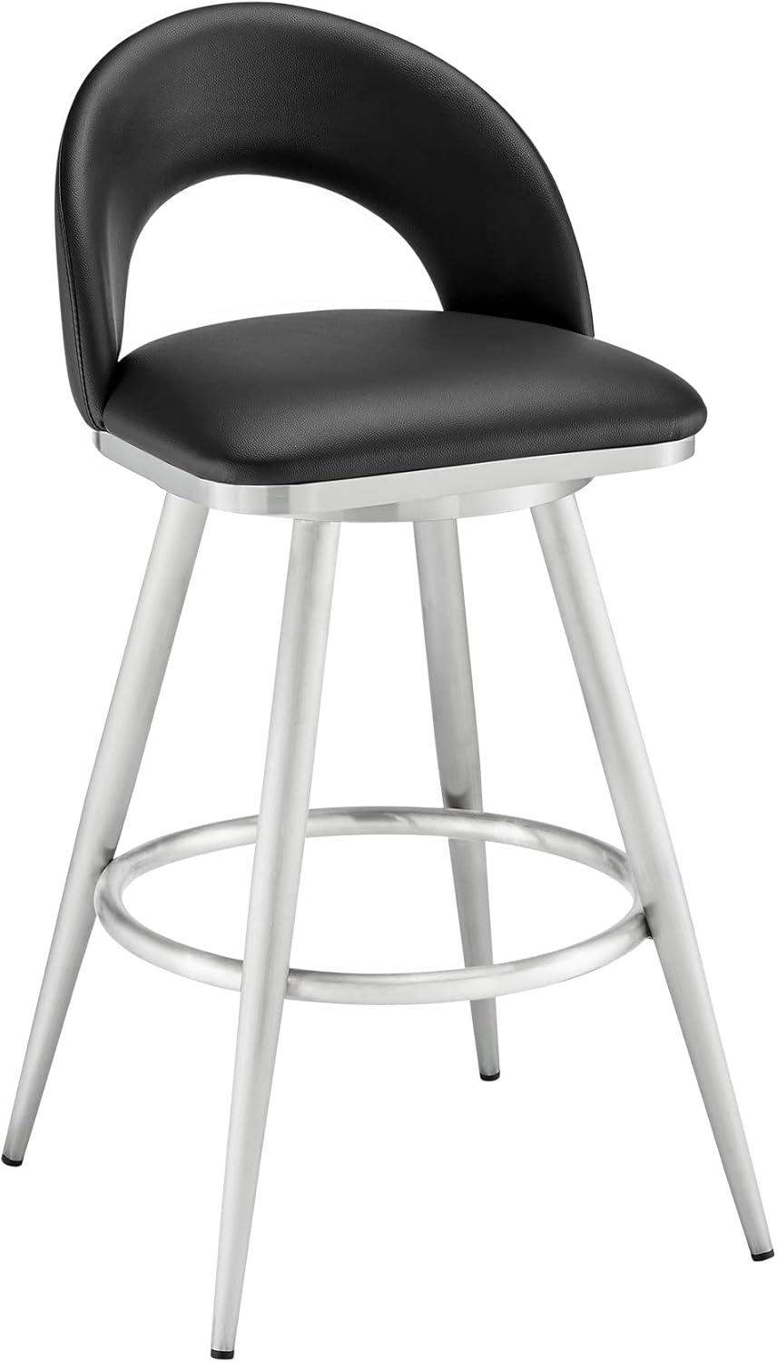 Armen Living Charlotte Swivel Bar Stool in Brushed Stainless Steel with Black Faux Leather