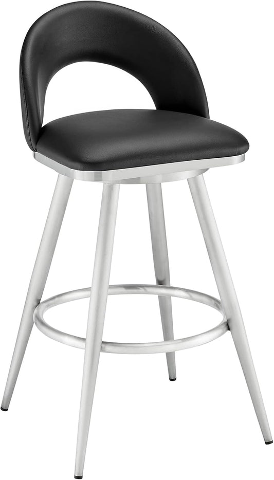 Armen Living Charlotte Swivel Bar Stool in Brushed Stainless Steel with Black Faux Leather