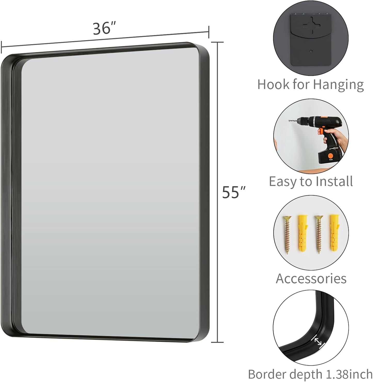 Koonmi Black Wall Mirror for Bathroom, 36x55 Inch Matte Deep Framed Rounded Rectangle Vanity Mirror for Farmhouse Living Room, Tempered Glass, Anti-Rust, Vertically or Horizontally