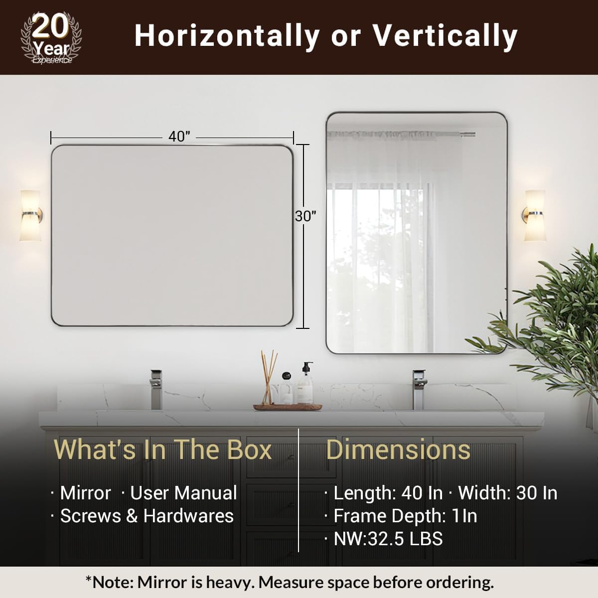 ANDY STAR 30”x40”Chrome Mirror for Bathroom, Rounded Rectangle Bathroom Mirror, Modern Metal Mirror in Premium Stainless Steel Frame, 1”Deep Set Design Hangs Horizontal Or Vertical