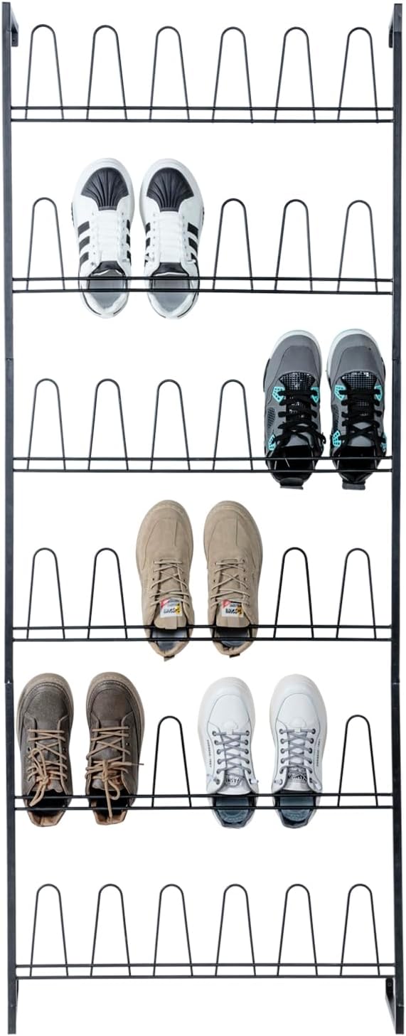 MyGift 70 Inch Black Metal Shoe Organizer for Entryway, Wall Mounted Shoe Rack for Closet with 36 Hooks, Holds up to 18 Pair