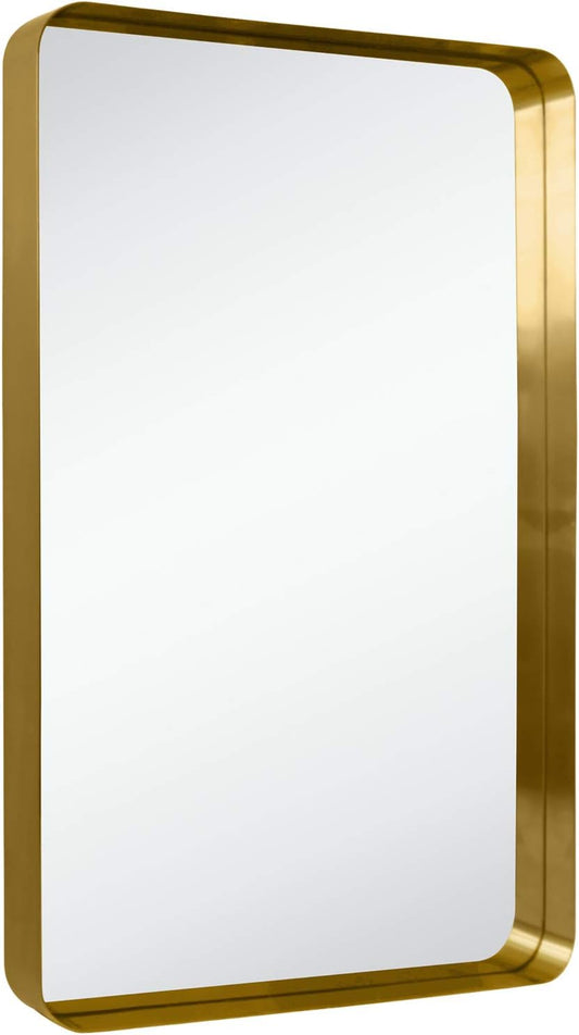 TEHOME 24x36 Brushed Gold Metal Framed Bathroom Mirror for Wall in Stainless Steel Rounded Rectangular Bathroom Vanity Mirrors Wall Mounted