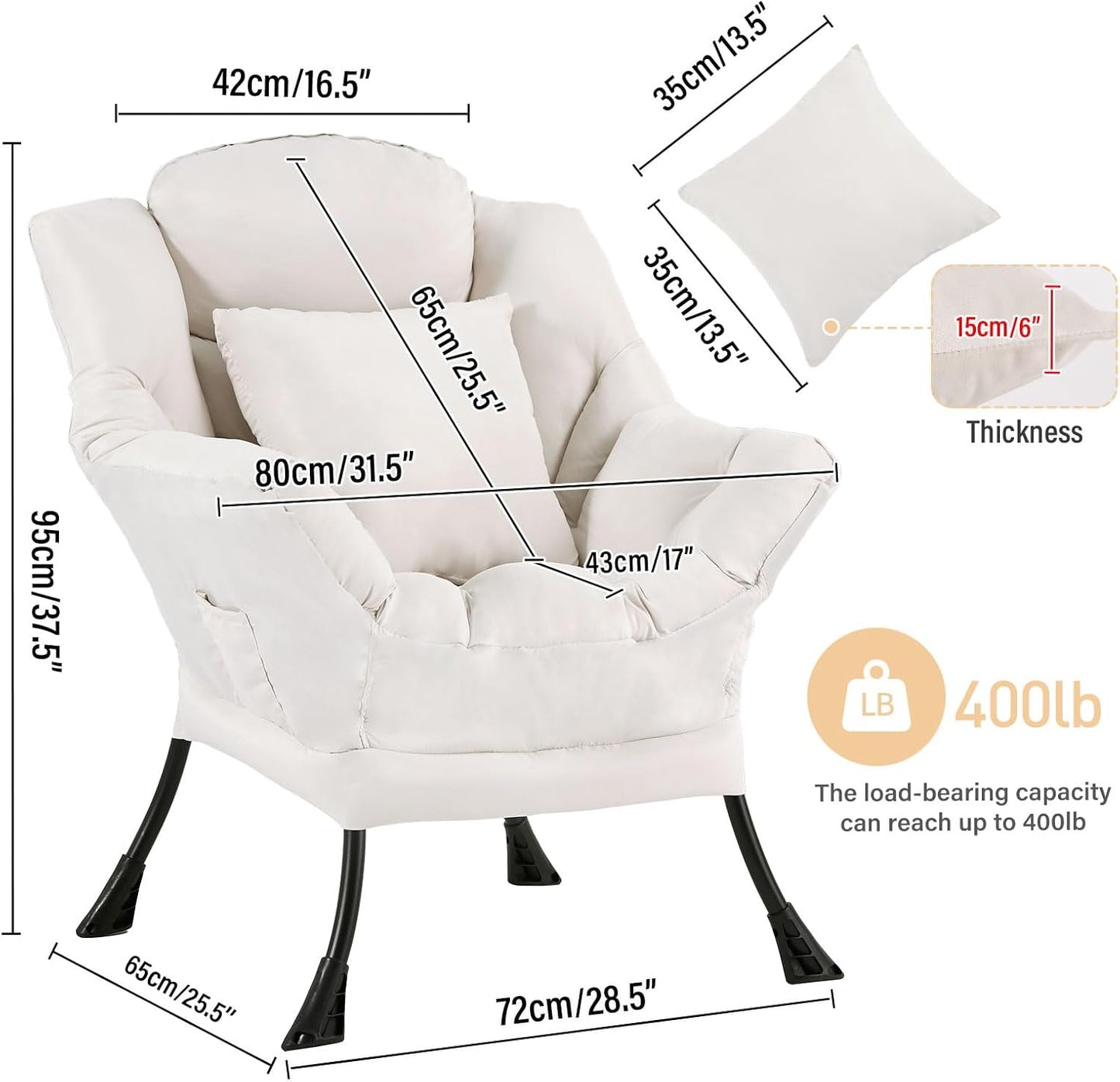 Lazy Chair with Pillow for Living Room, Modern Lounge Accent Chair with Armrests, Leisure Sofa Chair Set, Reading Chair for, Bedroom, Dorm Room, Office, Beige