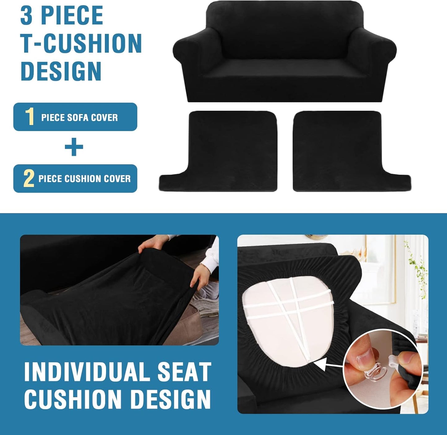 H.VERSAILTEX Sofa Cover 3 Piece T Cushion Loveseat Slipcovers Thick Velvet Couch Cover Furniture Protector Stretch T Cushion Sofa Covers for 2 Cushion Couch with 2 Individual T Cushion Covers, Black