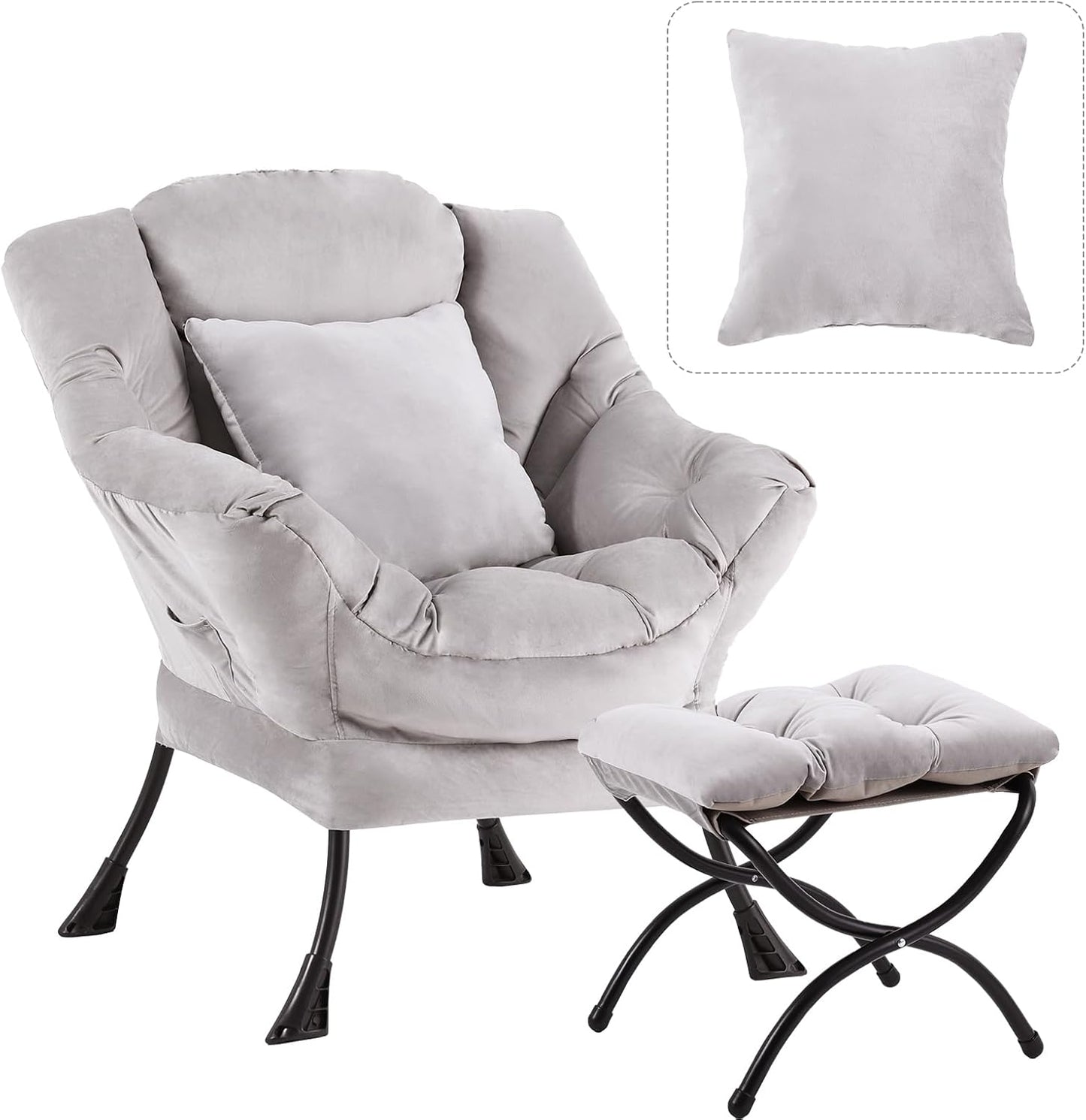 Large Lazy Chair with Ottoman, Accent Reading Chair with a Soft Grey Throw Pillow, Cozy Lounge Chair with Armrest, Leisure Sofa Chair for Living Room, Bedroom, Dorm, Velvet Soft Grey