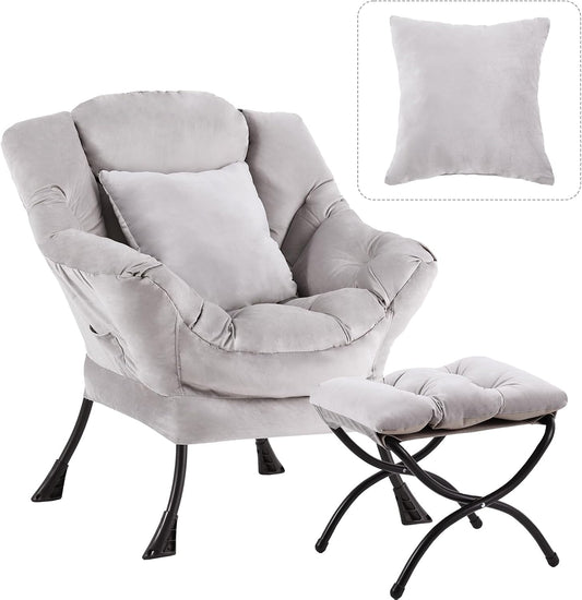 Large Lazy Chair with Ottoman, Accent Reading Chair with a Soft Grey Throw Pillow, Cozy Lounge Chair with Armrest, Leisure Sofa Chair for Living Room, Bedroom, Dorm, Velvet Soft Grey