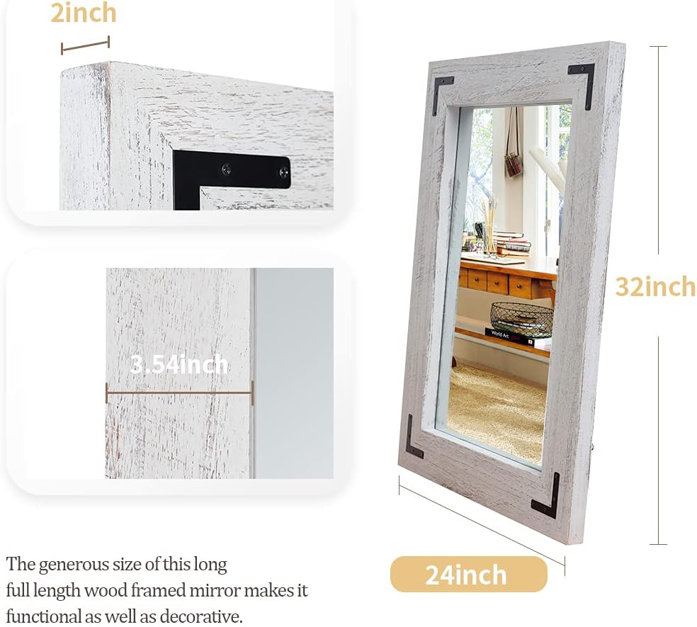 YOSHOOT Rustic Wooden Framed Wall Mirror, Natural Wood Bathroom Vanity Mirror for Farmhouse Decor, Vertical or Horizontal Hanging, 32" x 24",White Grey