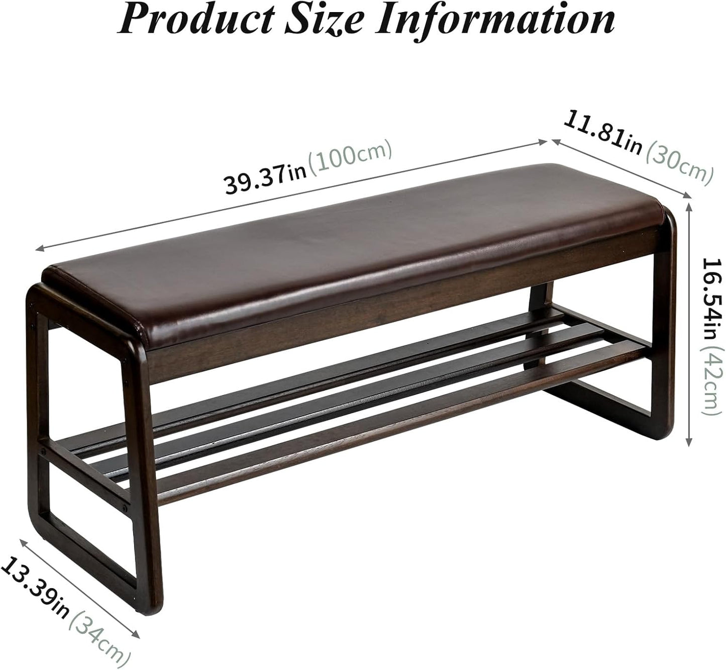 Shoe Bench, Entryway Bench with Leather Cushion, Solid Wood Shoe Rack, Mid Century Modern Bench, Shoe Storage, Shoe Organizer for Entryway (Grey, 39.4" W)