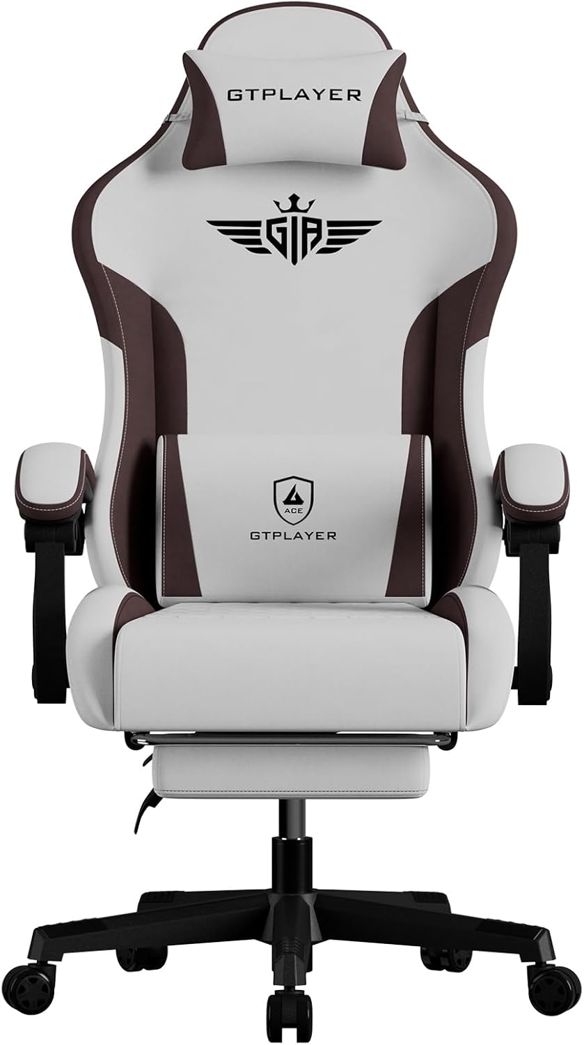 GTPLAYER Gaming Chair Fabric with Footrest, Big and Tall Game Chair High Back Computer Office Chair with Lumbar Support for Adults, Ergonomic Swivel Games Chair with Cushion Gaming Brown