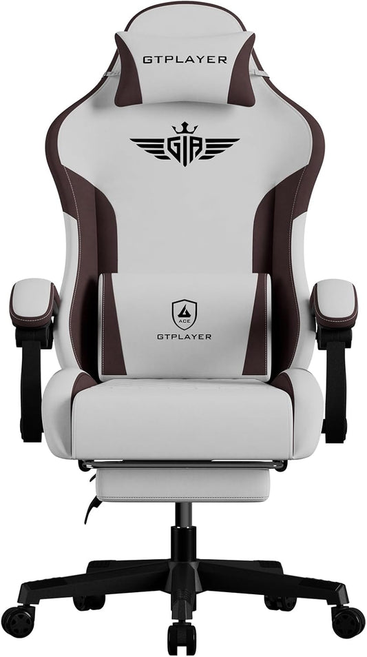 GTPLAYER Gaming Chair Fabric with Footrest, Big and Tall Game Chair High Back Computer Office Chair with Lumbar Support for Adults, Ergonomic Swivel Games Chair with Cushion Gaming Brown