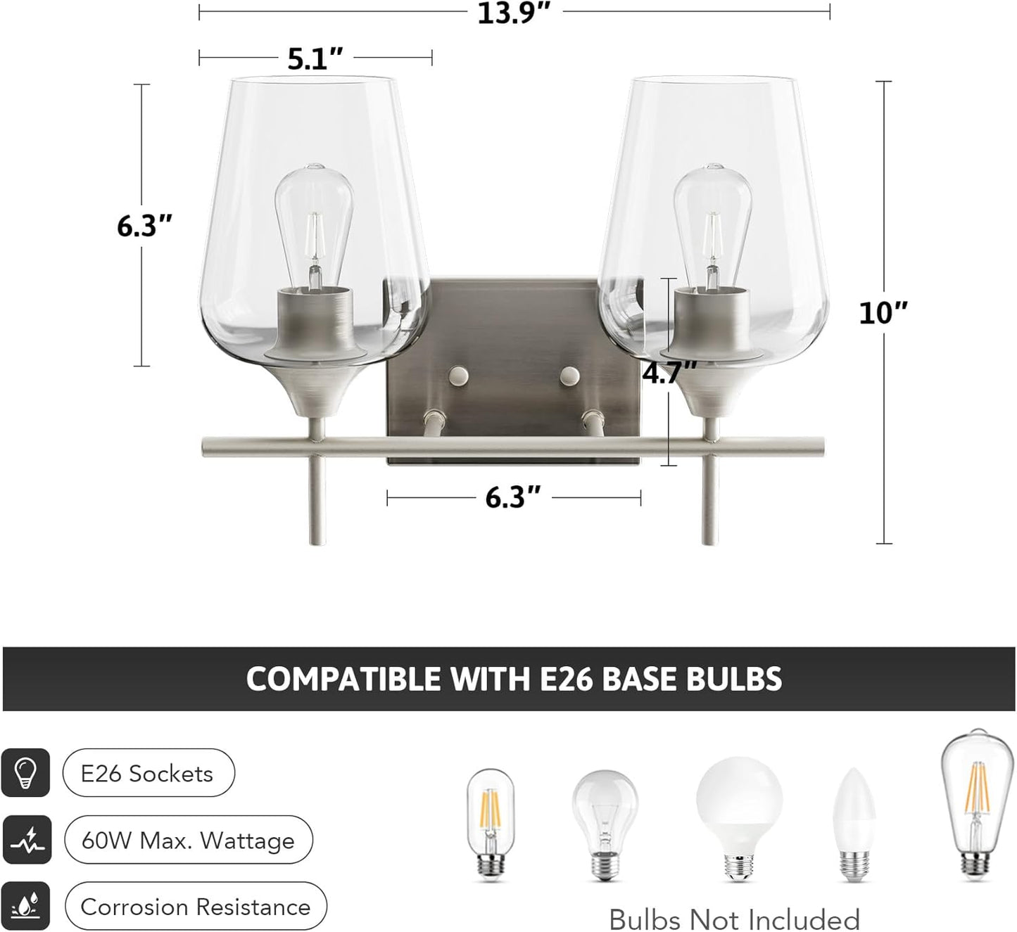 VONLUCE Bathroom Vanity Light, 2 Light Bathroom Light Fixture Over Mirror, Bathroom Wall Lamp with Clear Glass, Modern Brushed Nickel Vanity Lighting fixtures for Bathroom, Bedroom, Hallway