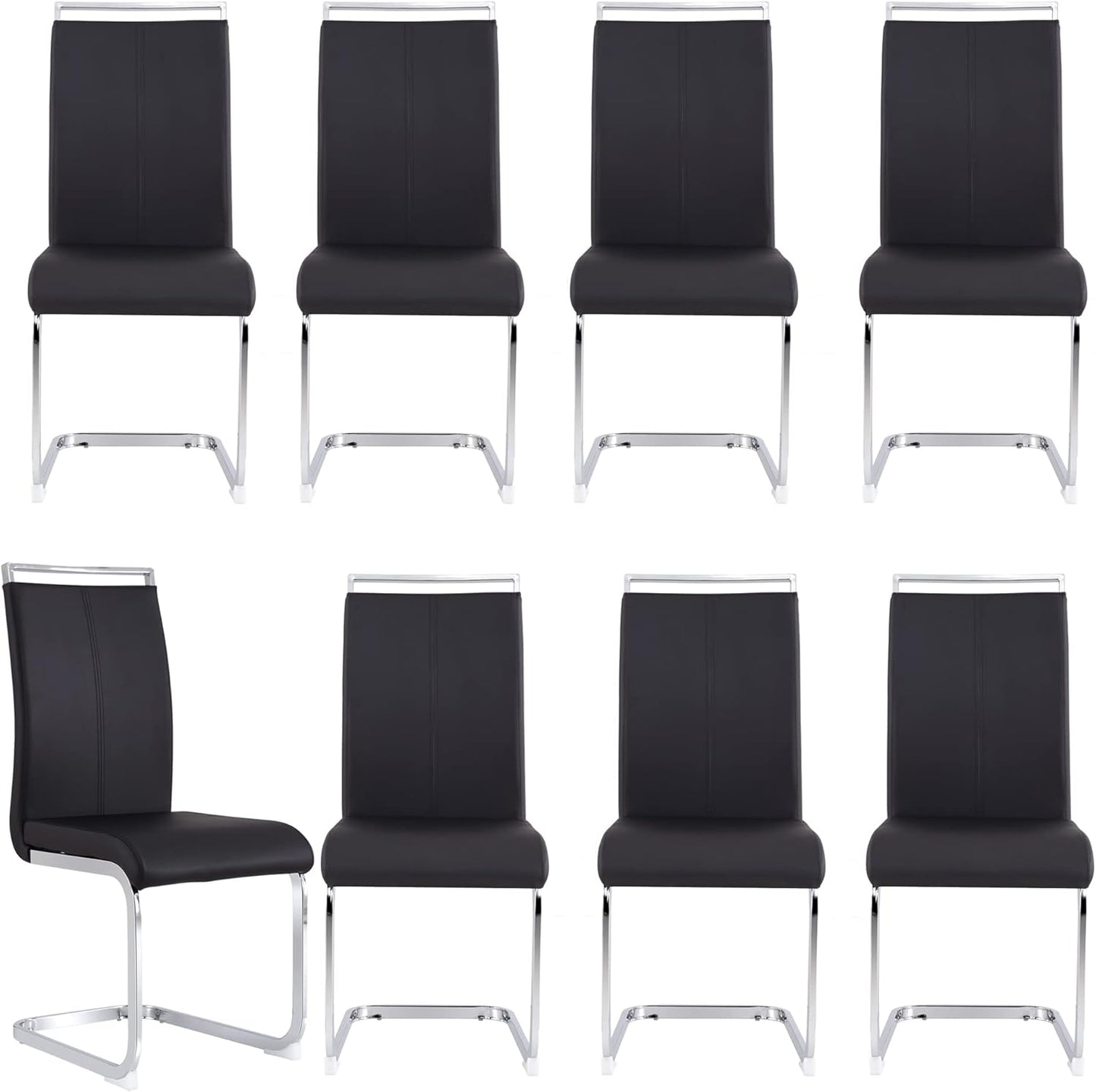 Dining Chairs Set of 8, Kitchen Modern Metal Chairs with Faux Leather Padded Seat High Back and Sturdy Chrome Legs, Chairs for Dining Room (Black, Set of 8)