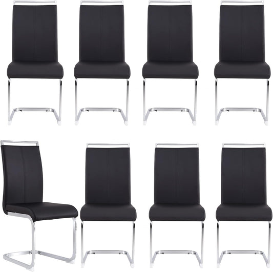 Dining Chairs Set of 8, Kitchen Modern Metal Chairs with Faux Leather Padded Seat High Back and Sturdy Chrome Legs, Chairs for Dining Room (Black, Set of 8)