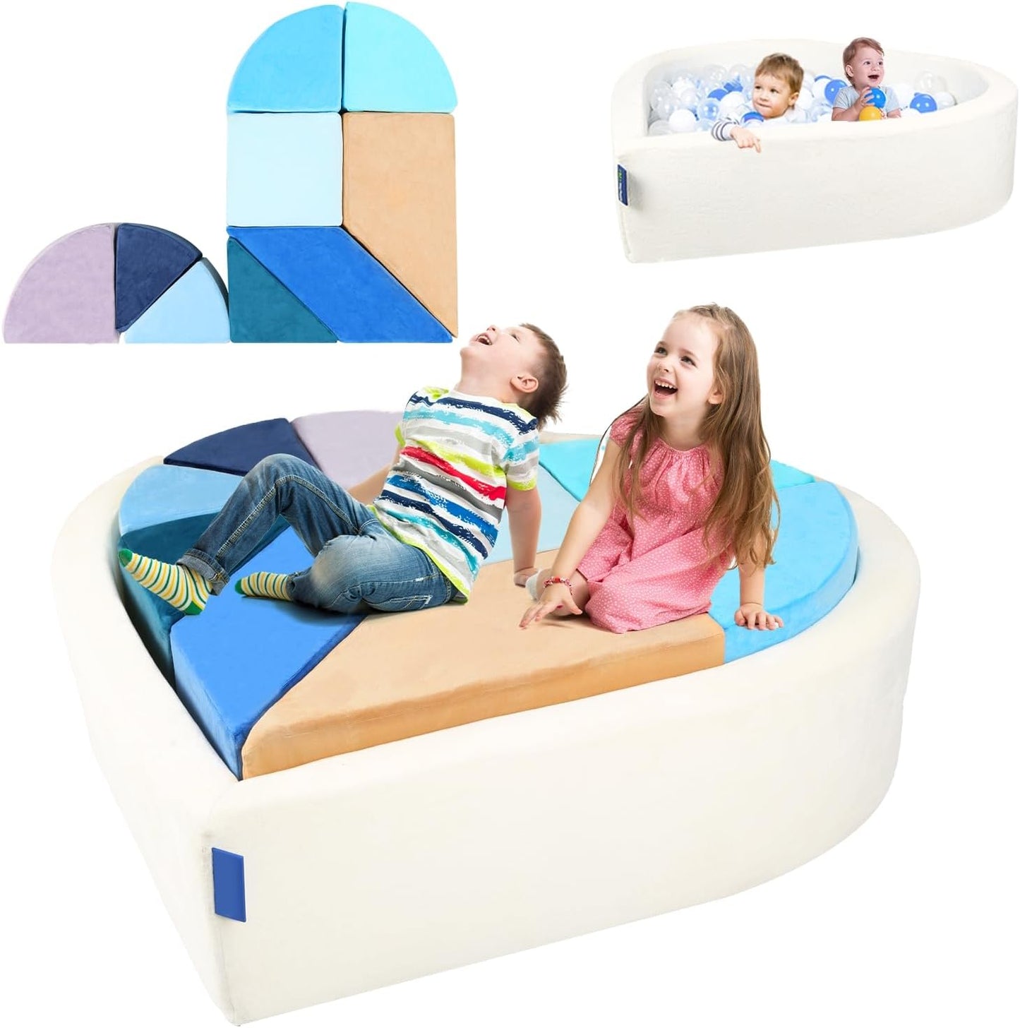 Kids Play Couch, 2-in-1 Heart-Shape Kids Plays Sofa with Unique Ball Pit(no Balls Included), Tangram Puzzle Play Couch for Playroom, Modular Play Sofa for Inspiring Creativity, Ocean