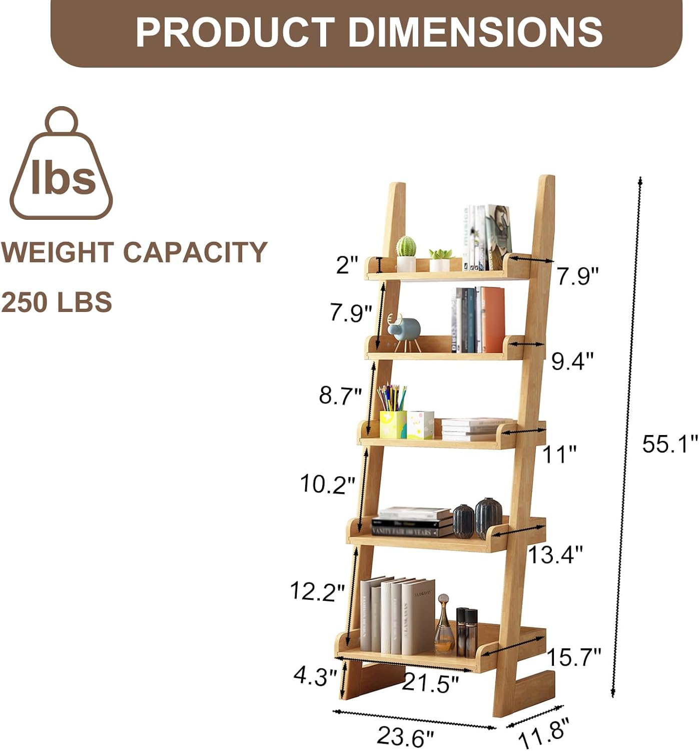 5-Tier Ladder Bookshelf, H 55" Leaning Bookshelf Storage Rack Organizer, Wooden Ladder Shelf Bookcase for Living Room, Home Office and Bedroom, Wood Color