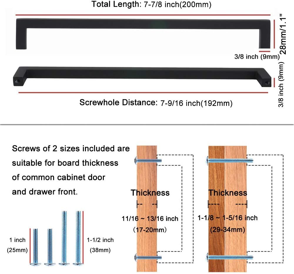 KOOFIZO Solid Square Bar Cabinet Handle - Black Furniture Pull, 7.6 Inch/192mm Screwhole Distance, Pack of 5 for Kitchen Cupboard Door, Bedroom Dresser Drawer, Bathroom Wardrobe Hardware