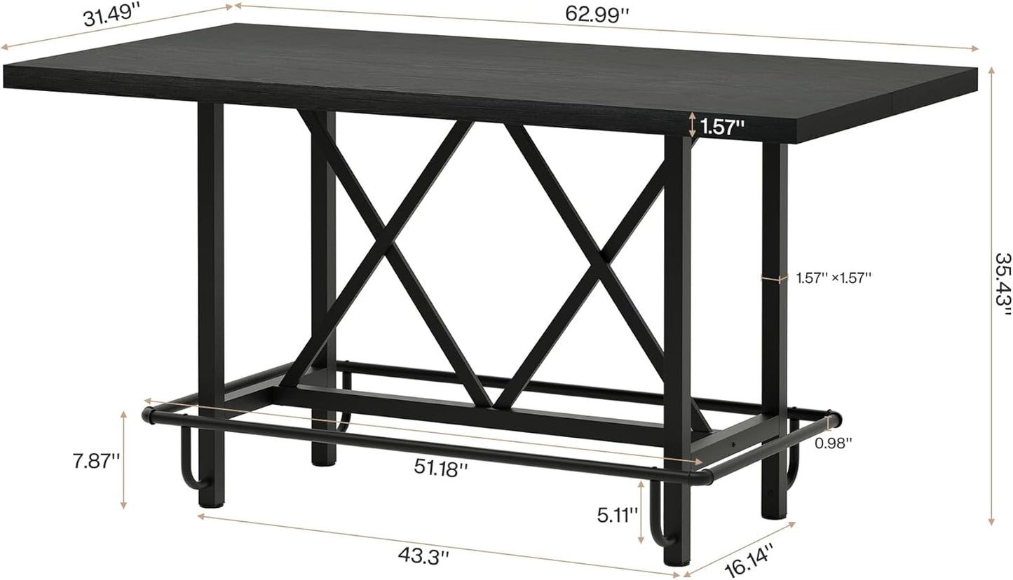 Tribesigns Bar Table, Industrial Counter Height Pub Table with Metal Footrest, 63-Inch Rectangle Wood Kitchen Dining Table with Sturdy Metal Frame for Dining Room, Home Bar (Black)