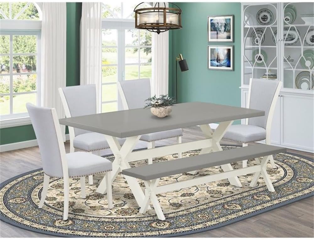 East West Furniture X097VE005-6 6 Piece Dining Room Table Set Contains a Rectangle Kitchen Table with X-Legs and 4 Grey Linen Fabric Parson Chairs with a Bench, 40x72 Inch, Multi-Color