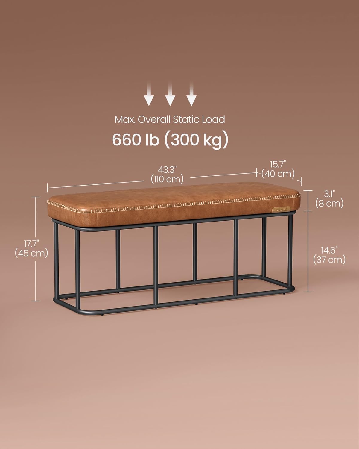 VASAGLE EKHO Collection - Storage Bench for Entryway, Ottoman Bench with Steel Frame, 43.3-Inch Wide, Synthetic Leather, Living Dining Room, Mid-Century Modern, Loads 660 lb, Caramel Brown ULOM085K01
