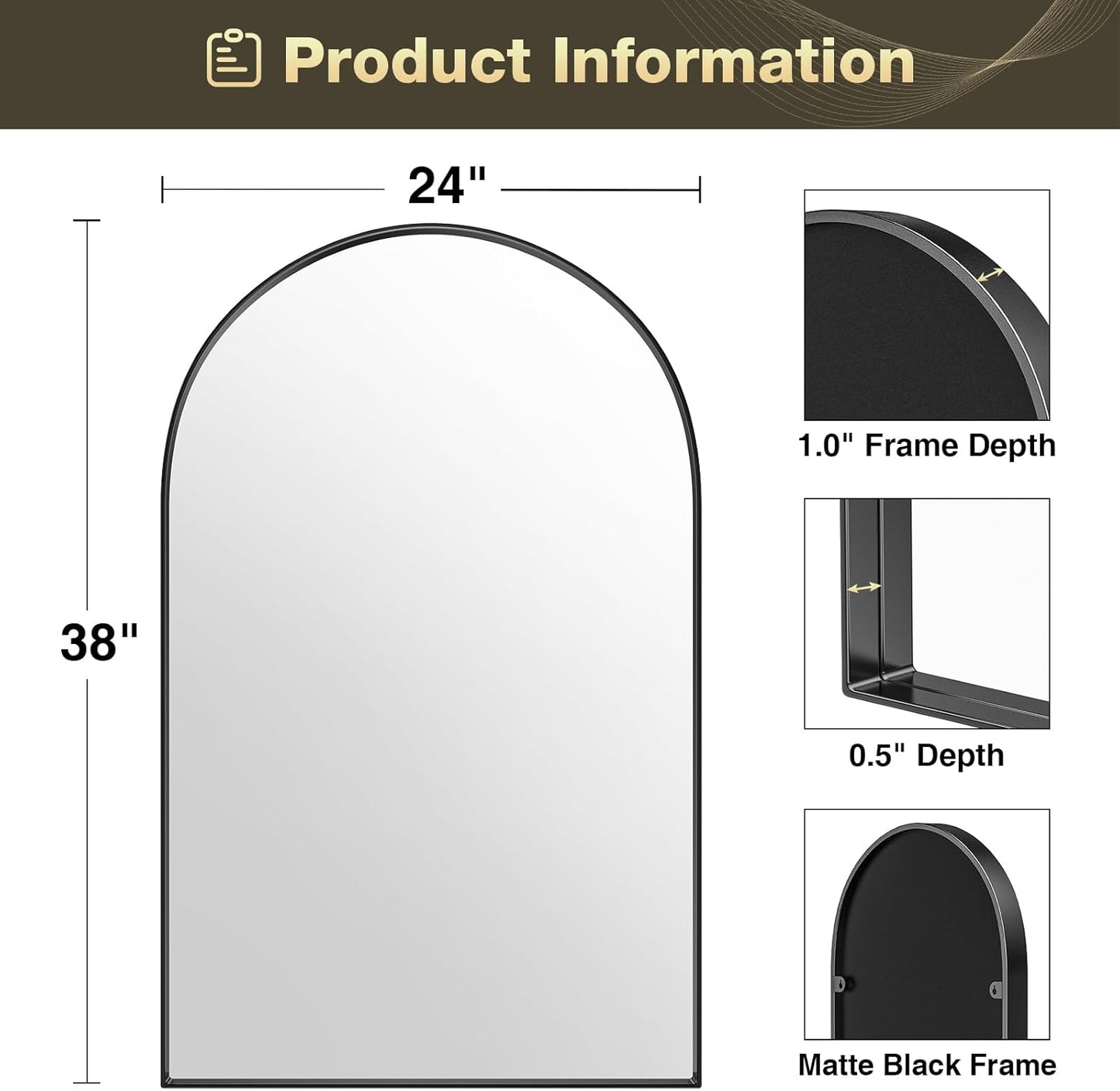 Brightify Arched Mirror, Arched Wall Mirror, 24 x 38 Inch Black Arch Mirror, Metal Frame Black Bathroom Mirror, Arched Top Bathroom Vanity Mirror for Living Room Bedroom Mantel Entryway Hallways