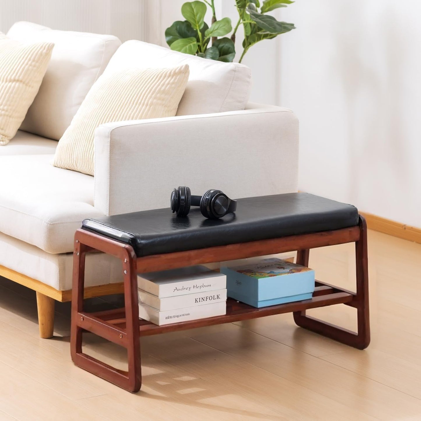 Solid Wood Shoe Bench, 2-Tier Wooden Entryway Bench, Modern Shoe Rack with Faux Leather Cushion for Hallway, Living Room (Black, 31.5'')