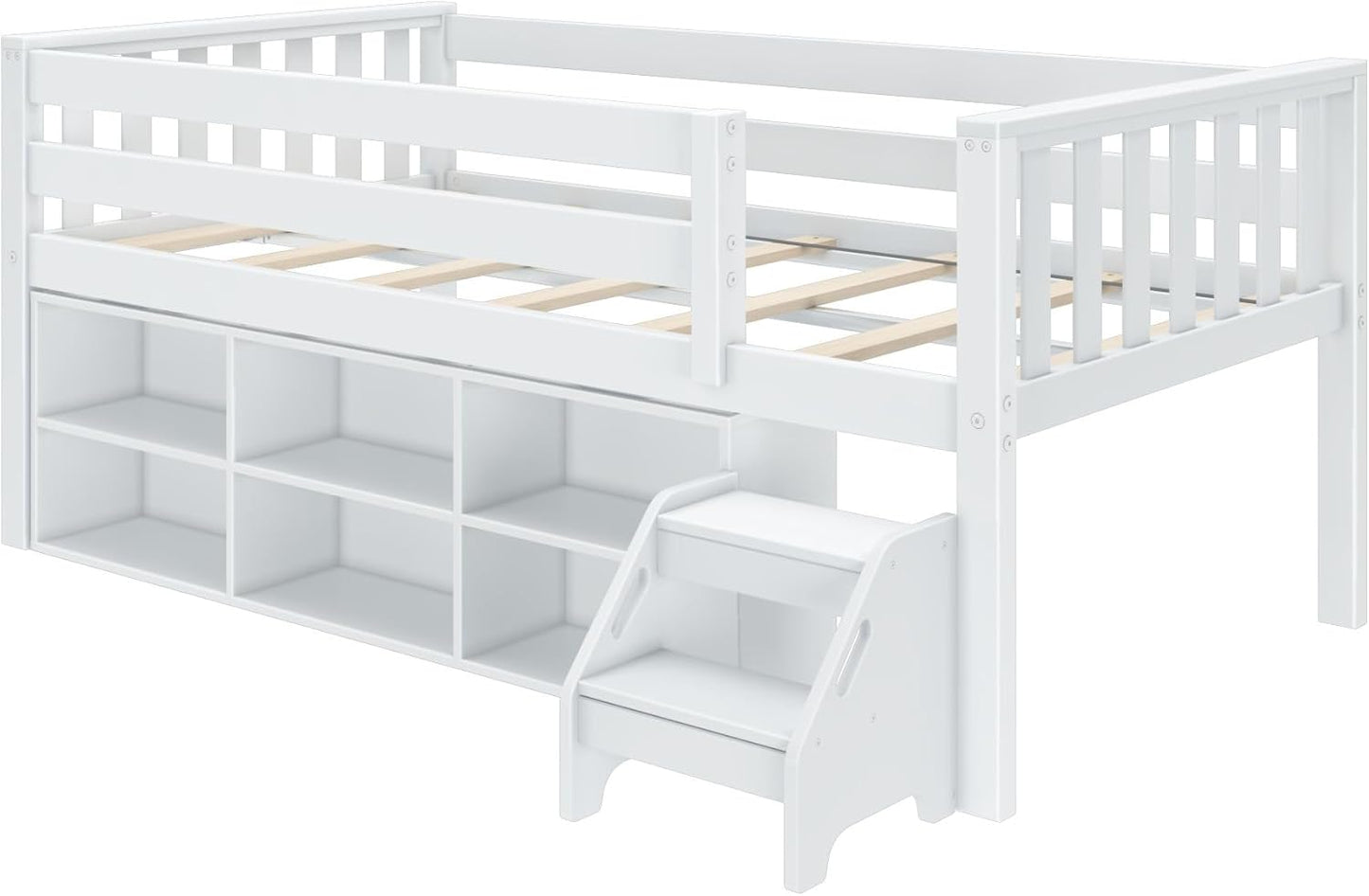 Max & Lily Soren Ultra Low Loft Bed, Twin Bed Frame for Kids with Bookcase, White
