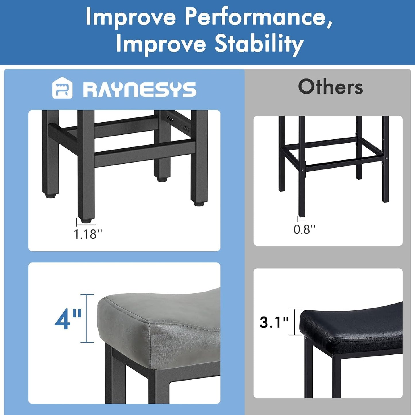 Counter Height Bar Stools Set of 2, 24 Inch Barstools for Kitchen Island Counter, Bonded Leather Kitchen Stools with Thick Saddle Seats & Heavy Duty Metal Base, Easy Assembly, Gray/Black