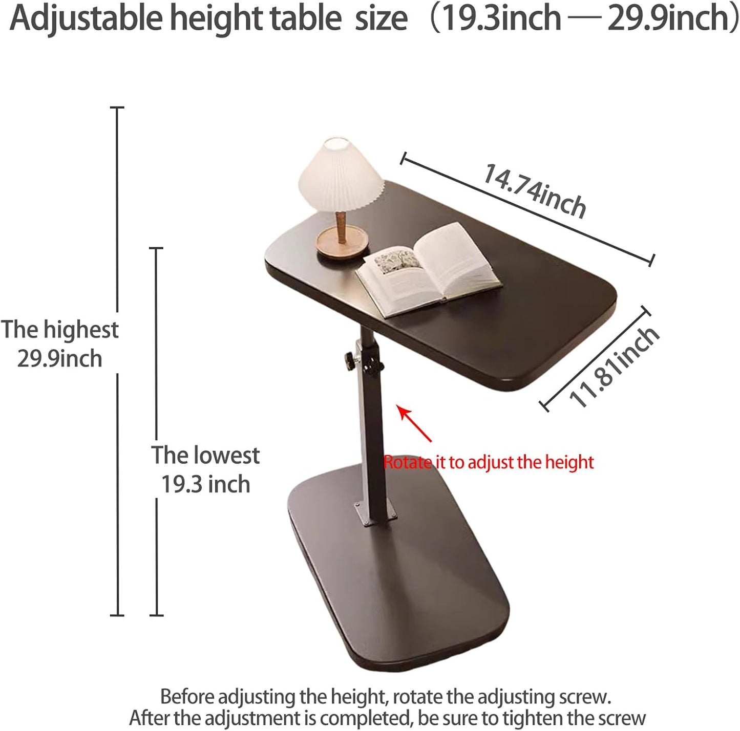 Pedestal C-Shaped Adjustable Small End Tables for Small Spaces Side Table，Desktop can Turn 360° and The Height of The Sofa Side Table can be Adjusted（Black Desktop + Black Bottom）