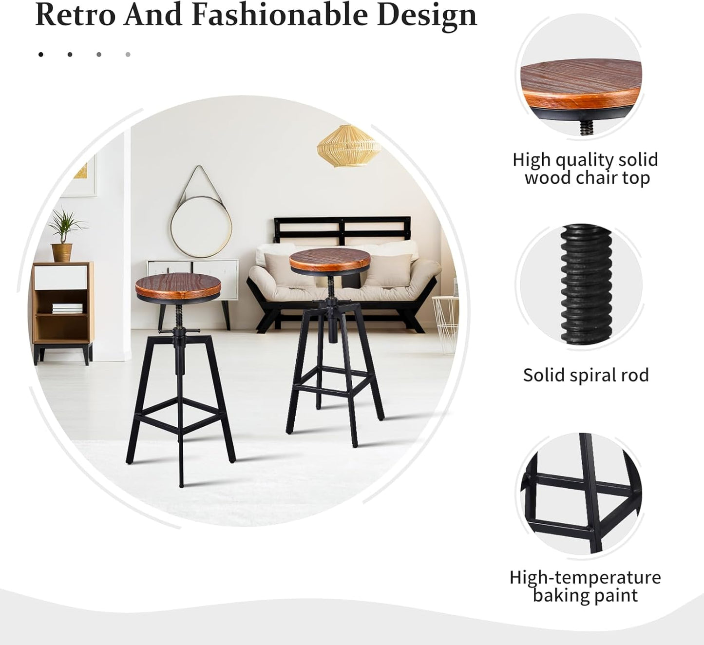 Diwhy Industrial Bar Stools, Kitchen Dining Chair, Wood Metal Stool, Adjustable Height Swivel Counter Height Chair, Black, Fully Welded Set of 2 (Brown Wooden Top)