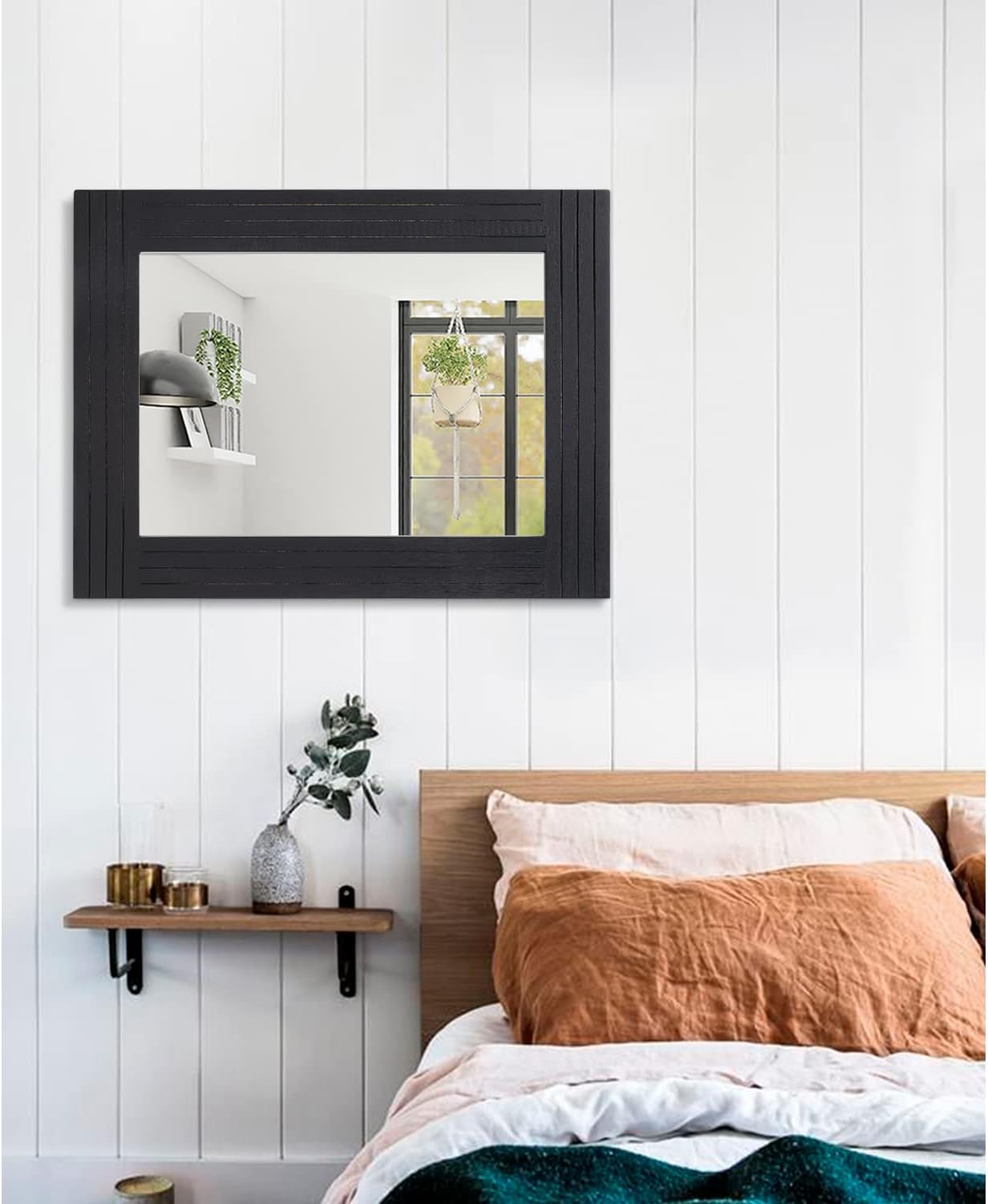 Black Wall Mirror Rectangular Vintage Rustic Wood Framed Large Mirror Deco Farmhouse Living Room Bathroom Bedroom Entrance Mirror 26" x 18"