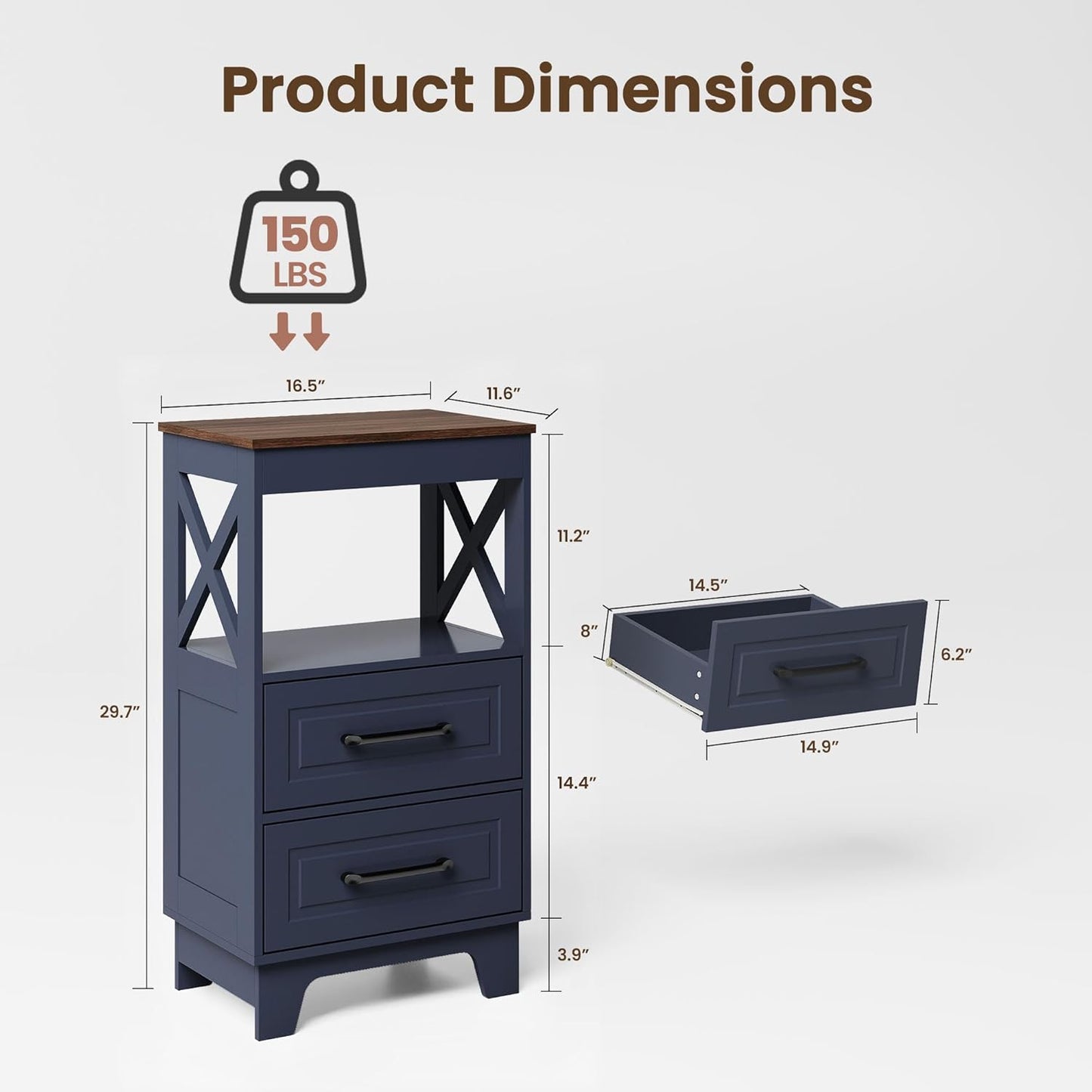 Tall Nightstand Set of 2 Side Table with 2 Drawers Modern Night Stand Wooden Rustic End Table Bedside Table with Upper Open Shelf Solid Feet for Bedroom, Living Room, Navy Blue+Walnut