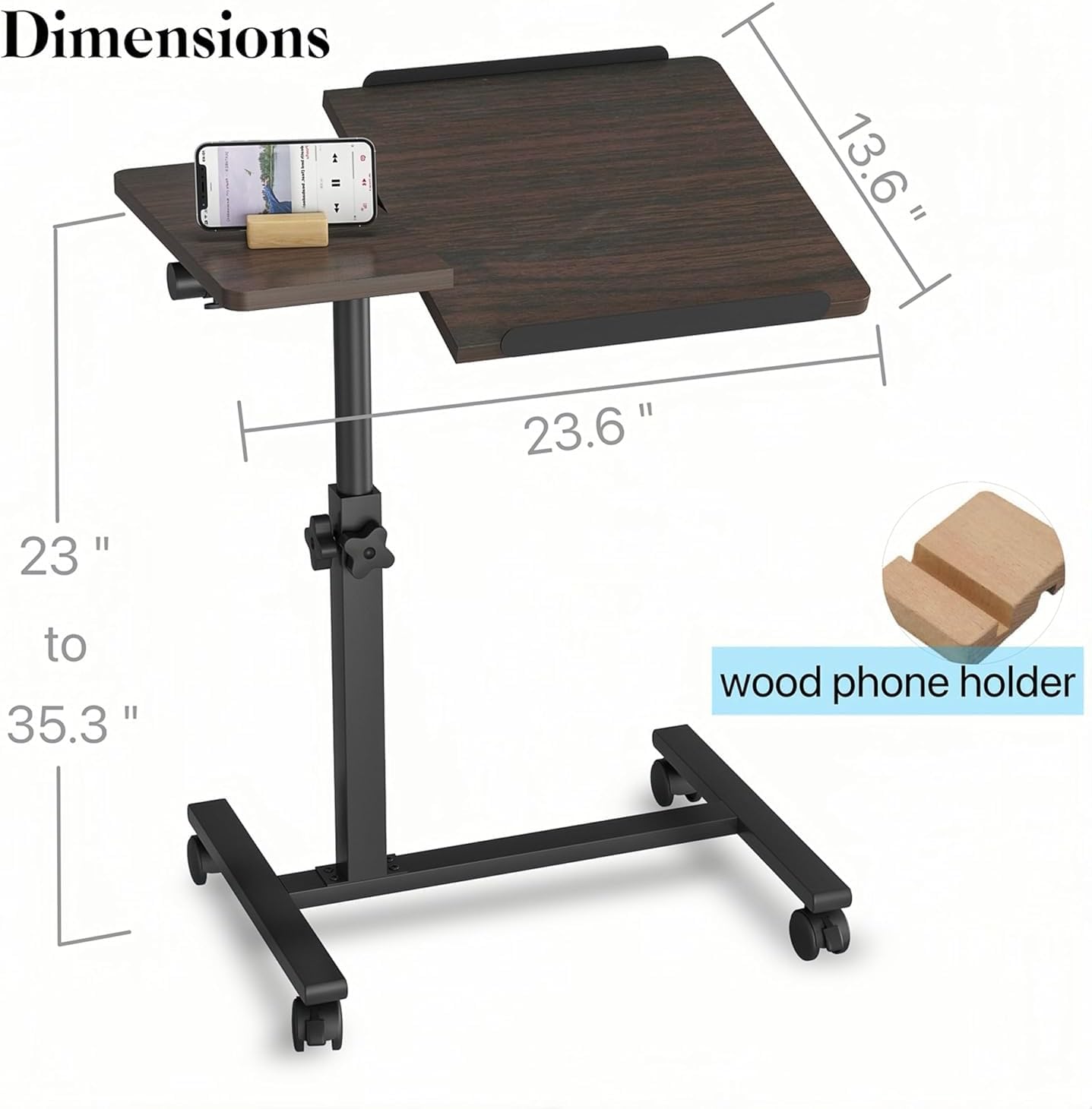 Mobile Laptop Stand for Couch Overbed Table with Wheels Adjustable Height Tilting Sofa Laptop Bed Table Rolling Cart Medical Overbed Table (Brown)