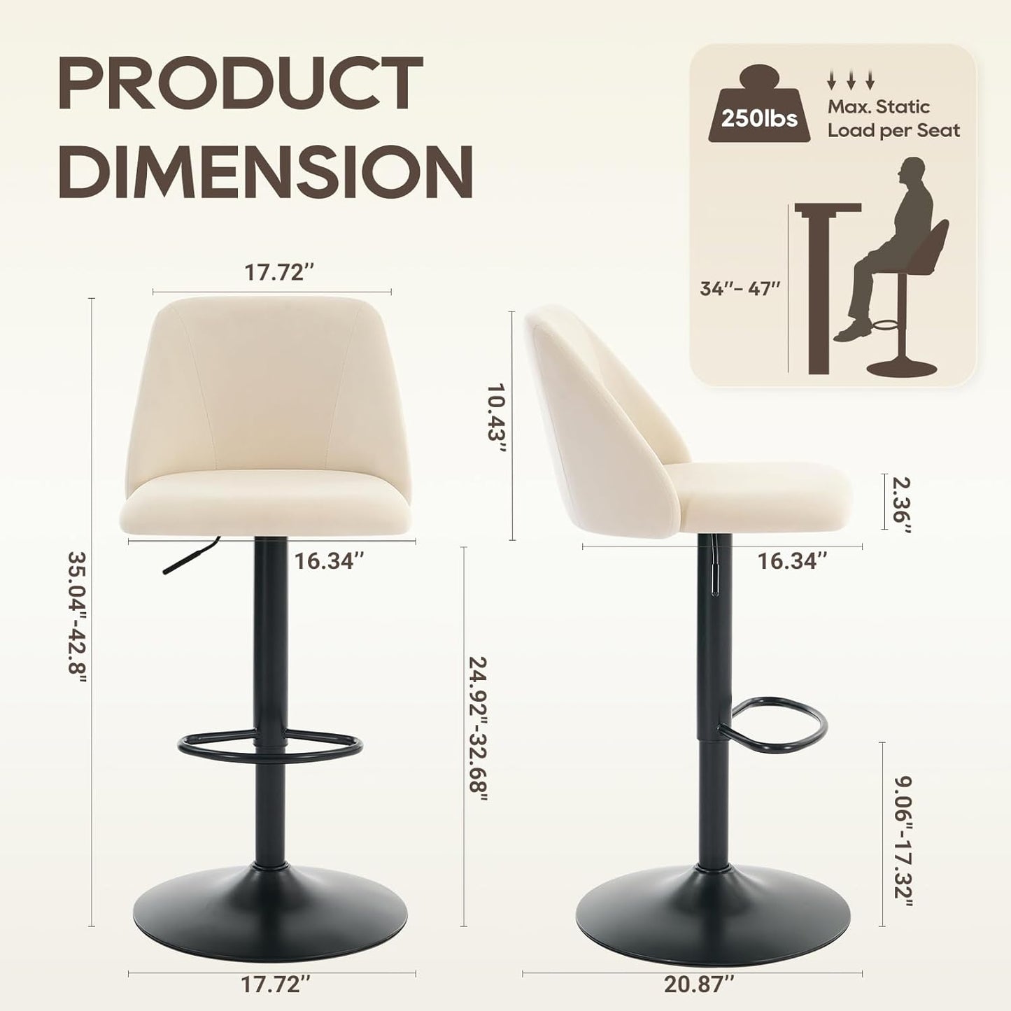 COLAMY Bar Stools Set of 1, Modern Swivel Bar Chairs, Adjustable Upholstered Barstools Counter Height with Full Backrest for Bar, Dining Room, Kitchen Island, Beige