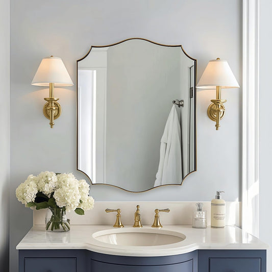 28x36 Inch Gold Scalloped Mirror, Bathroom Vanity Mirror with Stainless Steel Metal Frame, Anti-Rust, Shatterproof HD Glass, Unique Irregular Mirror for Bathroom, Bedroom, Living Room