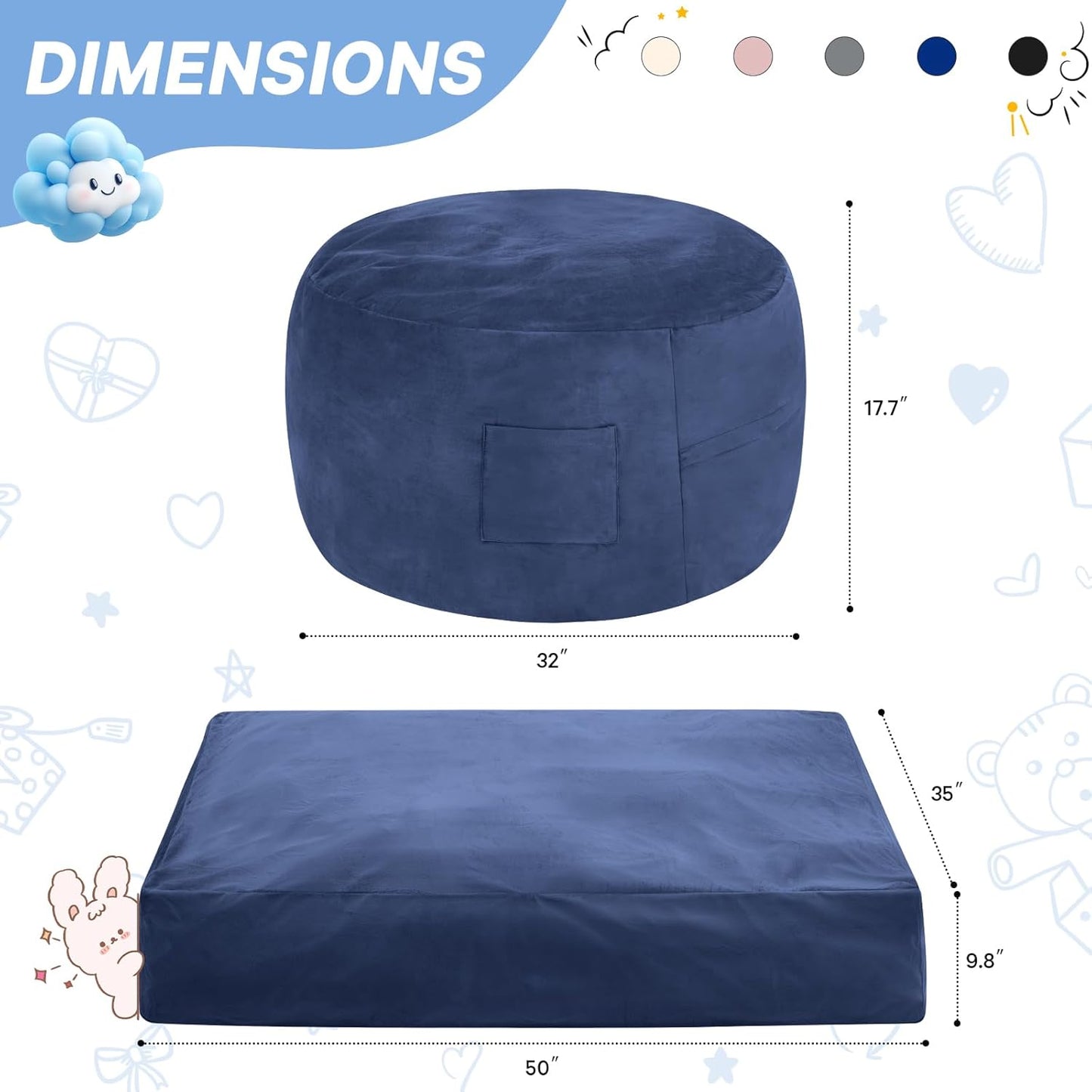 Kids Bean Bag Chair Bed - Convertible Lazy Chair to Floor Mattress with Filler - Small Beanbag Chair for Boys and Girls - Floor Couch Sofa in Bedroom, Classroom, Reading Nook - Navy Blue