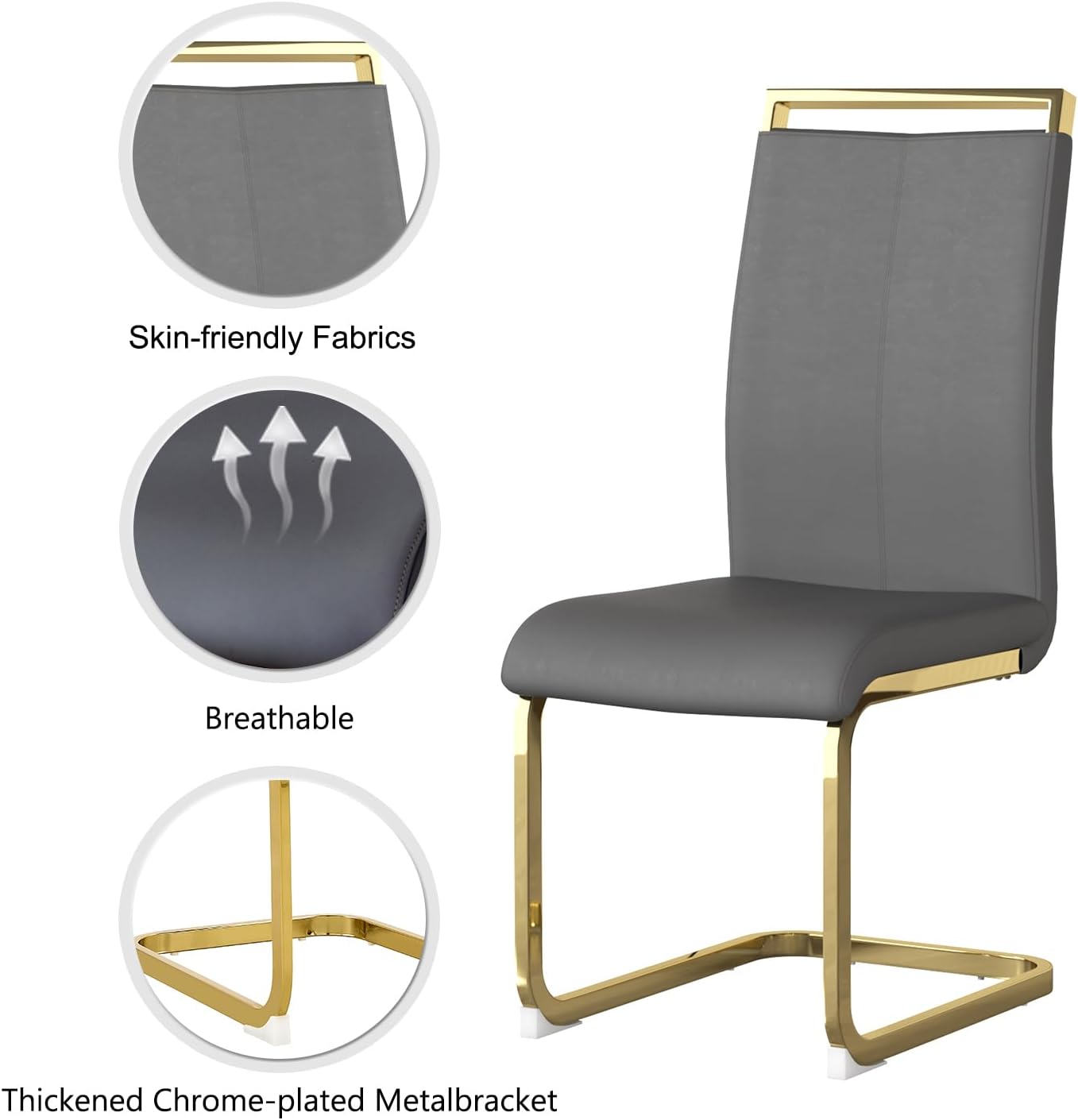 Modern Dining Chairs Set of 6,High Back Grey Kitchen Chairs,Faux Leather Side Chair with Gold Plated Metal Legs,Easy to Clean Upholstered Dining Chairs,Ideal for Living Room(Gold Leg)