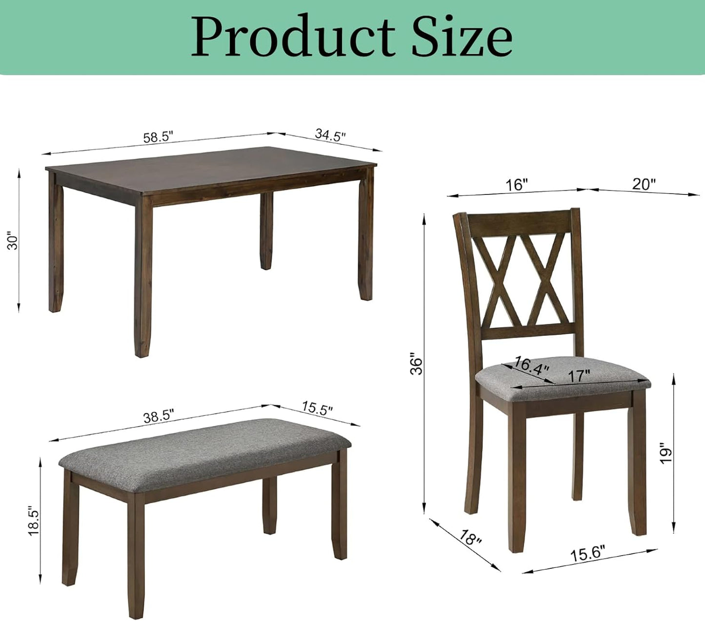 Dining Table Set, Wooden Kitchen Table Set with Rectangular Table, 4 Vertical X Backrest Upholstered Chairs & a Bench, Table and Chairs with Non-Slip Feetmats for 6 People, Living Room, Walnut