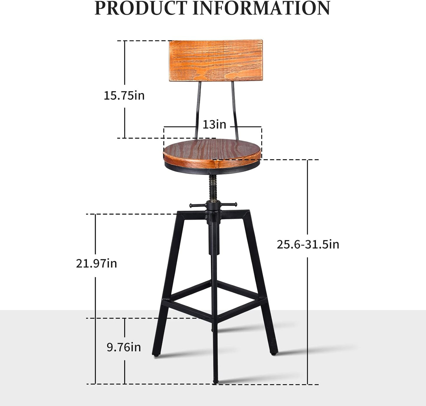 Industrial Bar Stools with Wood Backrest 25-32inch Height Adjustable Kitchen Island Dining Chair Extra Guest Stool Swivel Wooden Seat(Set of 2)