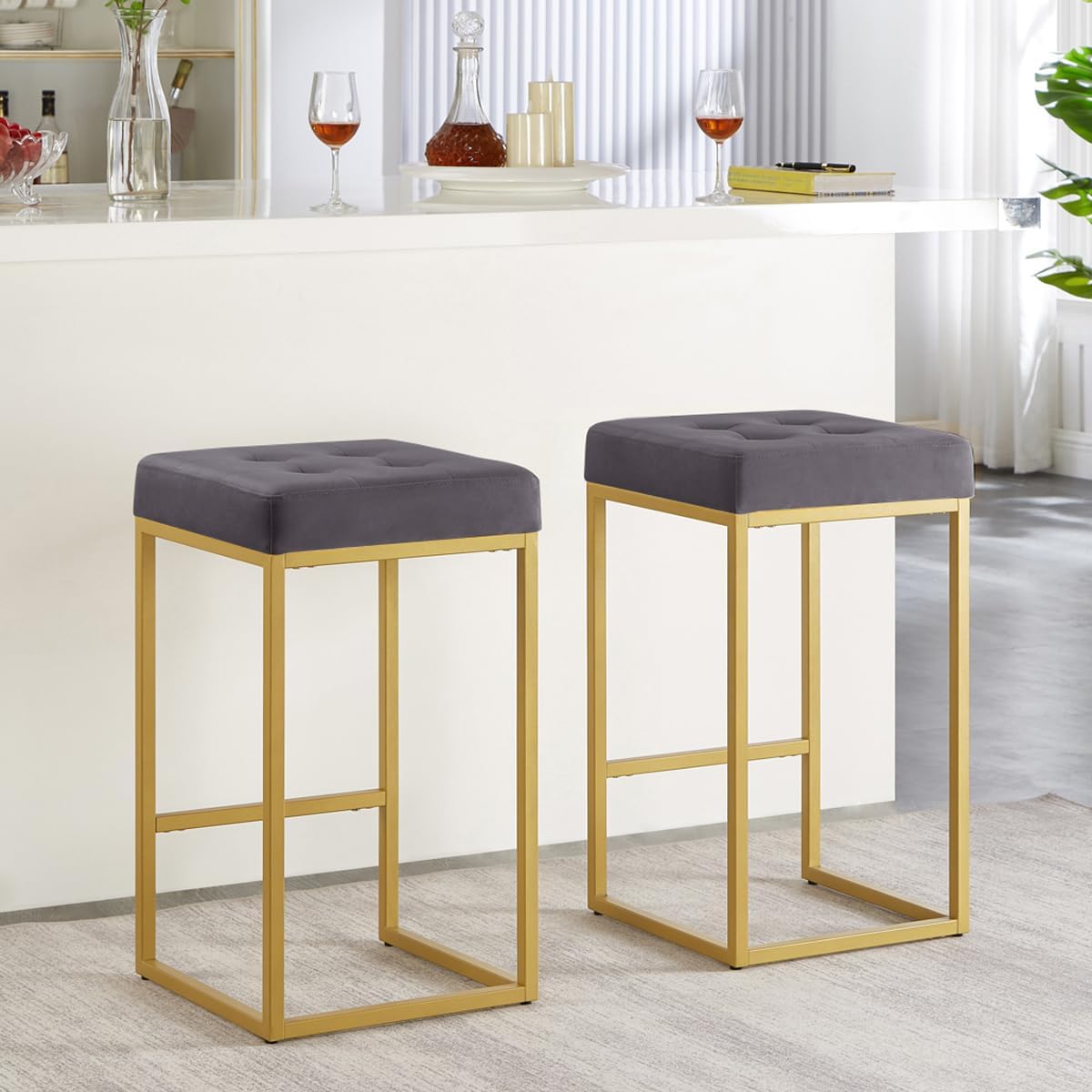 24KF Contemporary Counter Height Bar Stool Set of 2 for Kitchen Island, 26" H Velvet Padded Gold Barstool Bar Chair,5066-Dark Gray