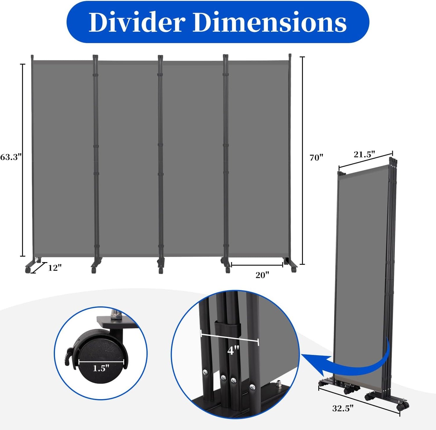 Room Divider 6FT Room Partition with Lockable Wheels,4 Panel (Thicked Metal Base) Room Dividers, Freestanding Indoor Folding Privacy Screens, Portable Fabric Wall Divider for Room Separation, Grey