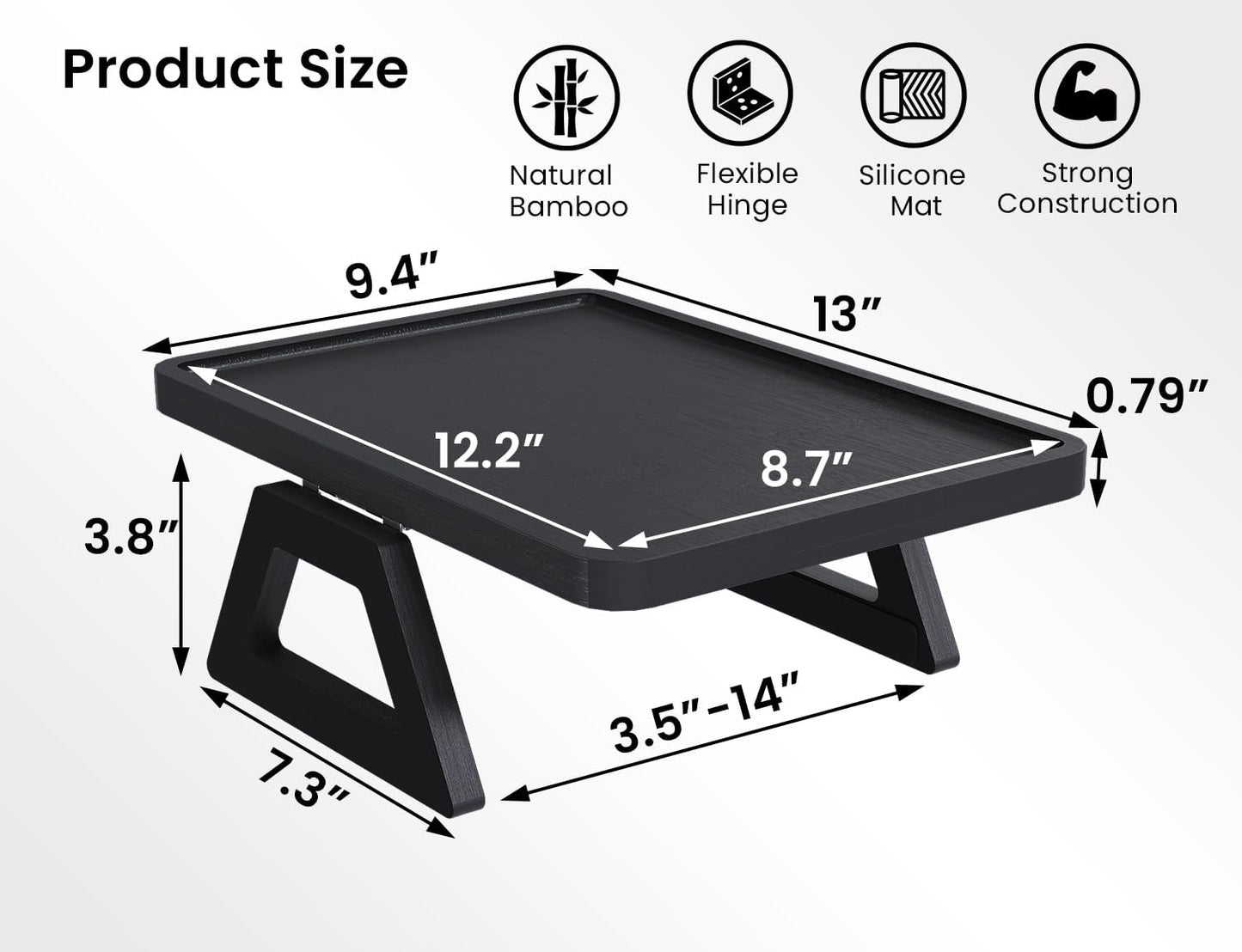 2 Pack Couch Arm Tray,Bamboo Folding Sofa Tray,Sofa Armrest Trays Clip-On Couch Desk for Drinks,Snacks,Phone,Remote Control（Black）