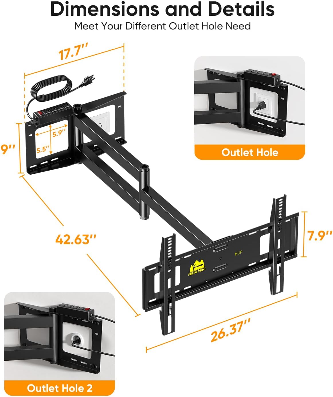 FORGING MOUNT 42 inch Long Arm TV Wall Mount with Power Strip, Full Motion Long Extension Articulating Corner TV Mount for 37 to 80 Inch Flat/Curve TVs, MAX VESA 600x400mm, Holds up to 110 lbs