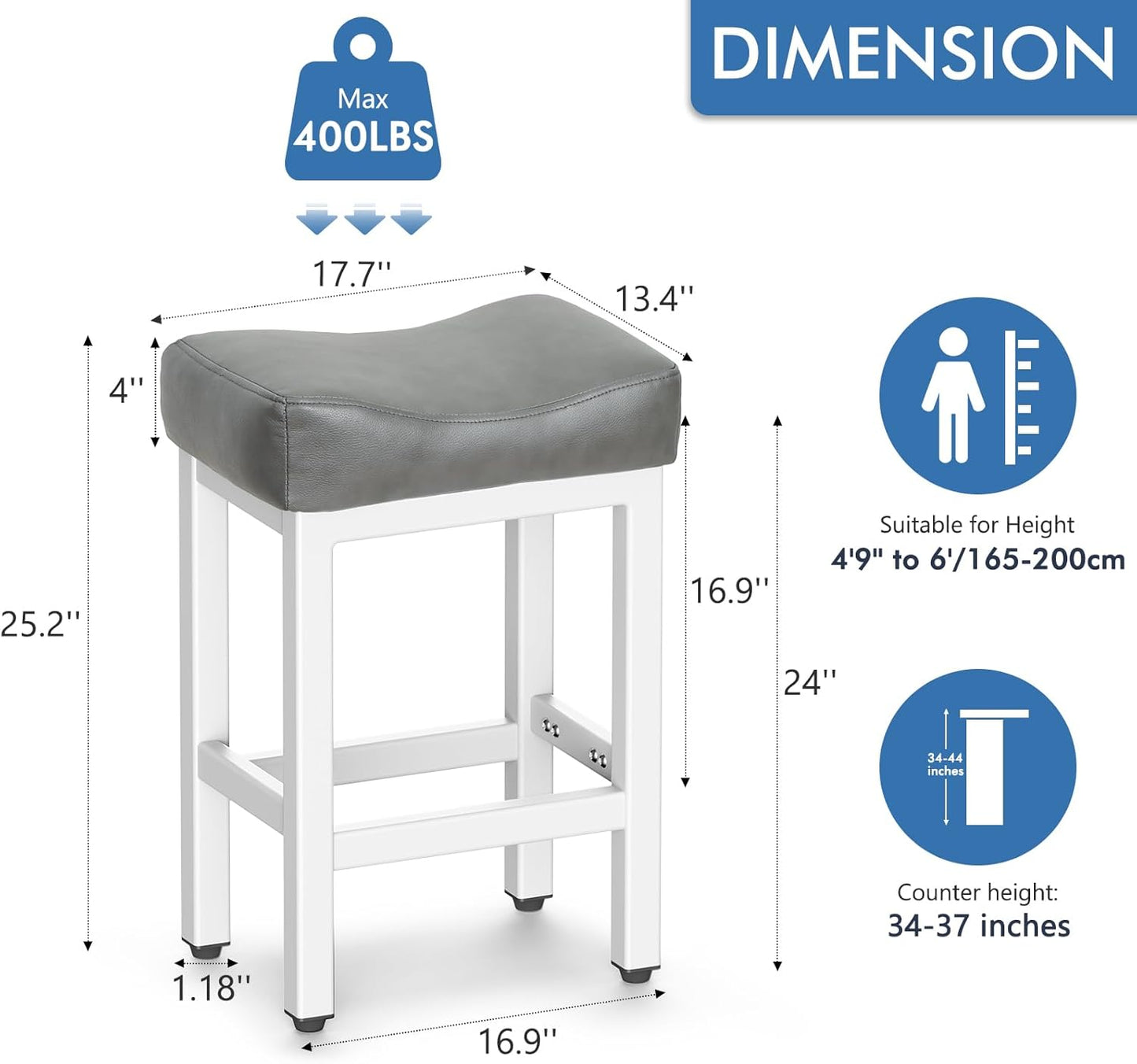 Counter Height Bar Stools Set of 3, 24 Inch Barstools for Kitchen Island Counter, Bonded Leather Kitchen Stools with Thick Saddle Seats & Heavy Duty Metal Base, Easy Assembly, Gray/White