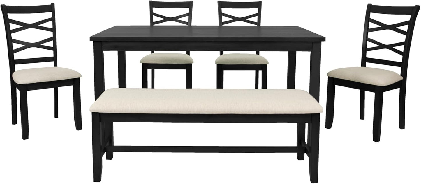 Poundex 6 Piece Charcoal Modern Dining Set with Table, 4 Chairs & Bench