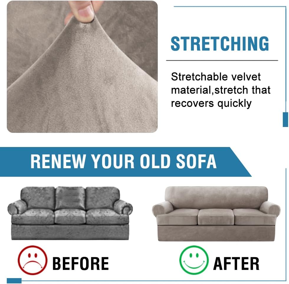 H.VERSAILTEX Sofa Cover 4 Piece T Cushion Sofa Slipcovers Thick Velvet Couch Cover Furniture Protector Stretch Sofa Covers for 3 Cushion Couch with 3 Individual T Cushion Covers Washable, Taupe