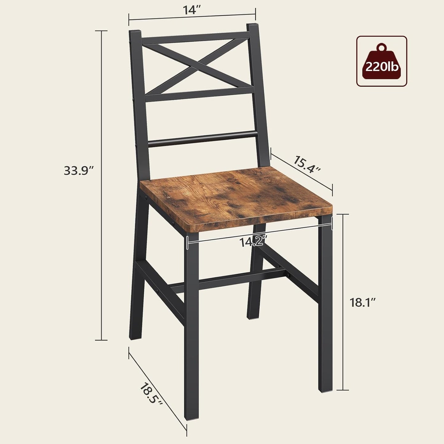 Dining Chair Set of 2, Rustic Wooden Kitchen Chairs with Backrest, Farmhouse Dining Chairs for Kitchen, Industrial Style Chair with Metal Frame, Easy Assembly, Rustic Brown TBHR1001