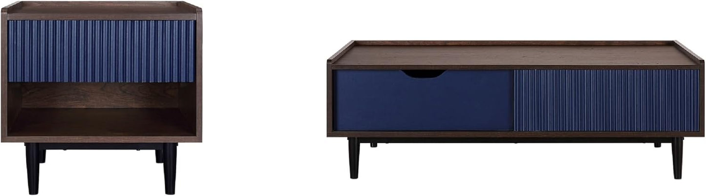 Manhattan Comfort Duane Mid Century Modern Ribbed Nightstand and Coffee Table with Storage, Living Room Furniture with Cabinet, Shelves and Iron Metal Feet, Set of 2, Navy Blue