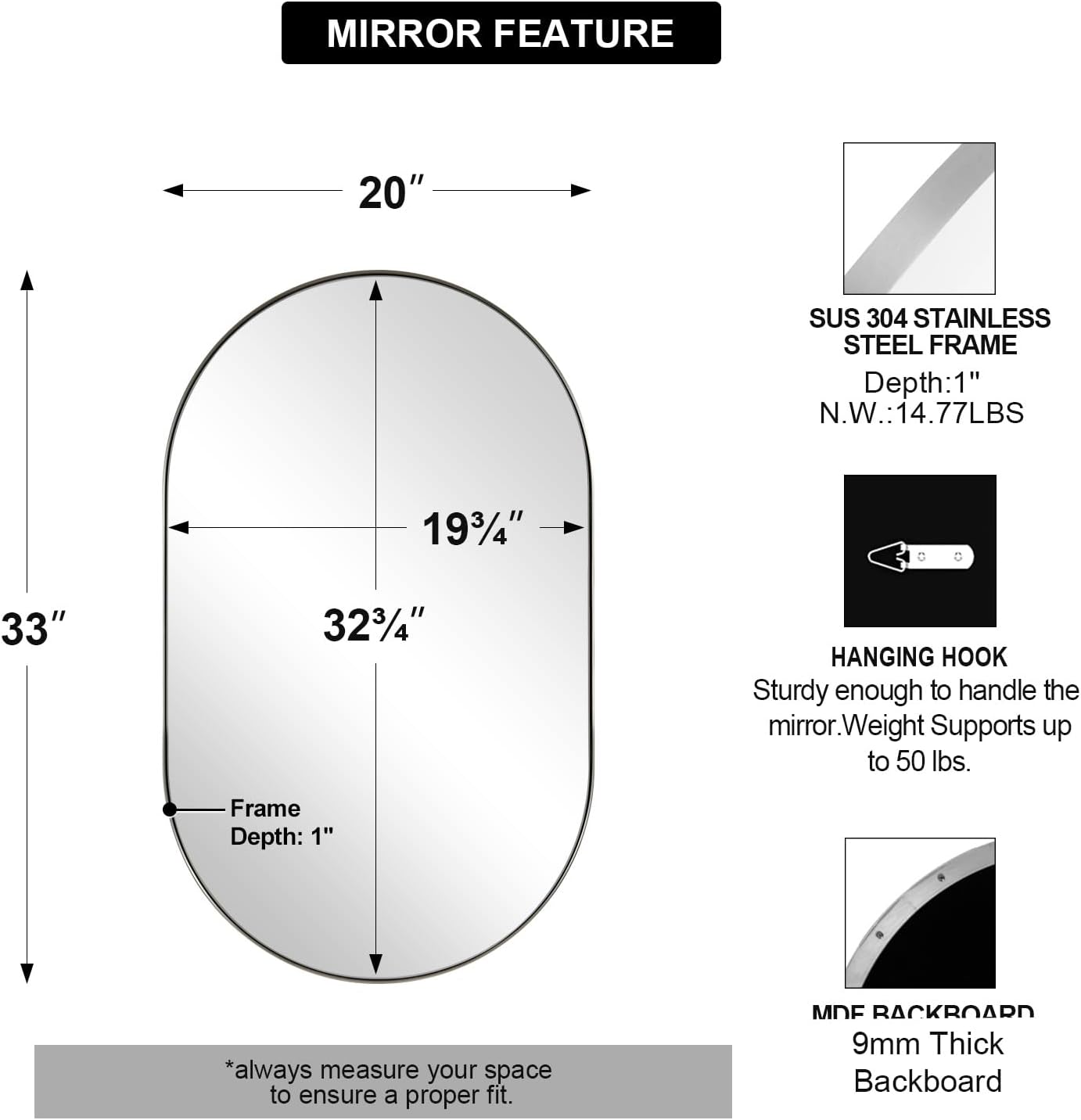 ANDY STAR Brushed Nickel Oval Bathroom Mirror, 20x33 inch Pill-Shaped Mirror for Wall HD Reflection Metal Frame Mirror for Bathroom Hang Vertical or Horizontal