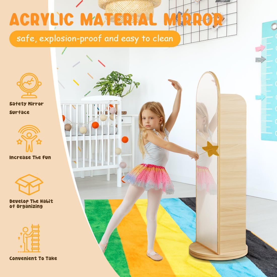 DELEMODUO Kids Rotating Bookshelf with Mirror, 48inch Wood Stading Floor Bookshelf for Small Space, 4 Tier Floor Standing Bookcase Storage Rack for Bedroom, Living Room, Study Room