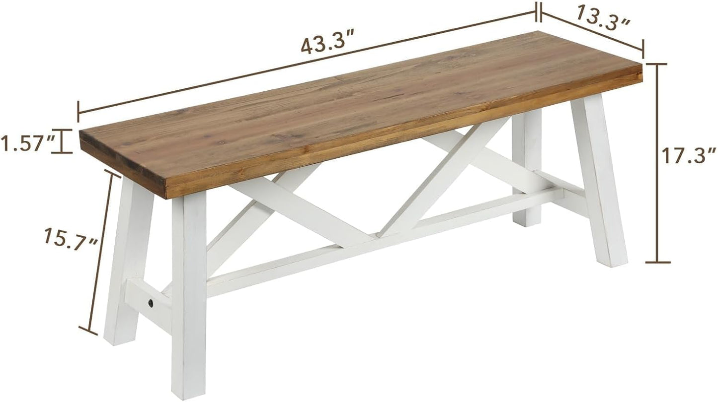 Wnutrees 43" Farmhouse Wood Bench, Rustic Solid Wood Entryway Bench Seat with Double X-Structure for Dining Room, Living Room, Hallway, Structural Stability, White